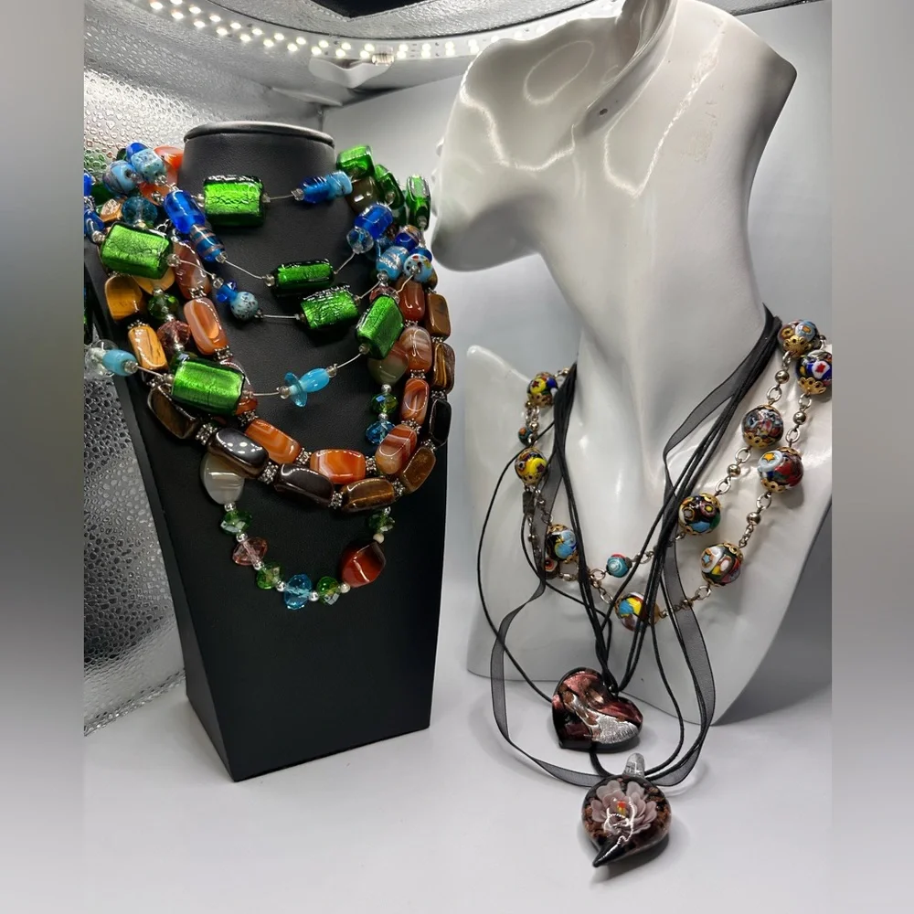 Festival Art Glass Bead Necklace Lot 7pc Boho Summer Colorful Statement Bundle - Picture 2 of 8